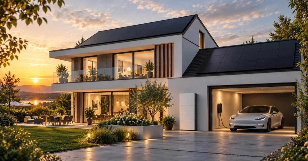 Weißes Haus mit Solarpaneelen auf dem Dach, einem Elektroauto in der Garage und einer Batterie an der Hauswand.